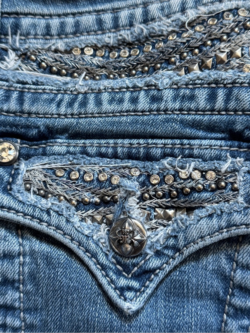 Miss Me Light/Medium Blue Distressed Capris with Studs & Rhinestones